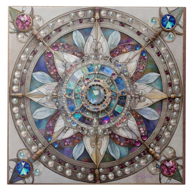 Pink and Blue Sapphires Diamonds Pearls Mandala Tile (Front)