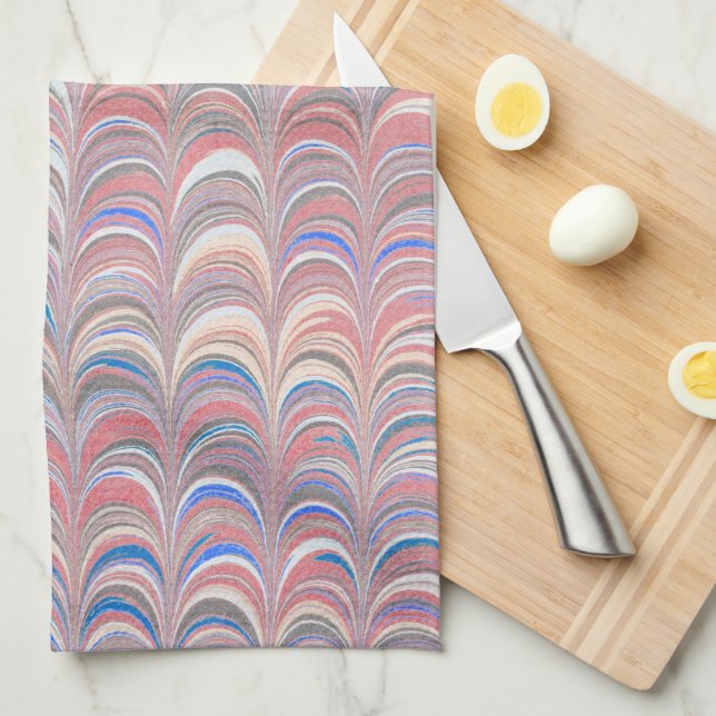 Pink and Blue Scallop Stripe Retro Kitchen Towel (Quarter Fold)