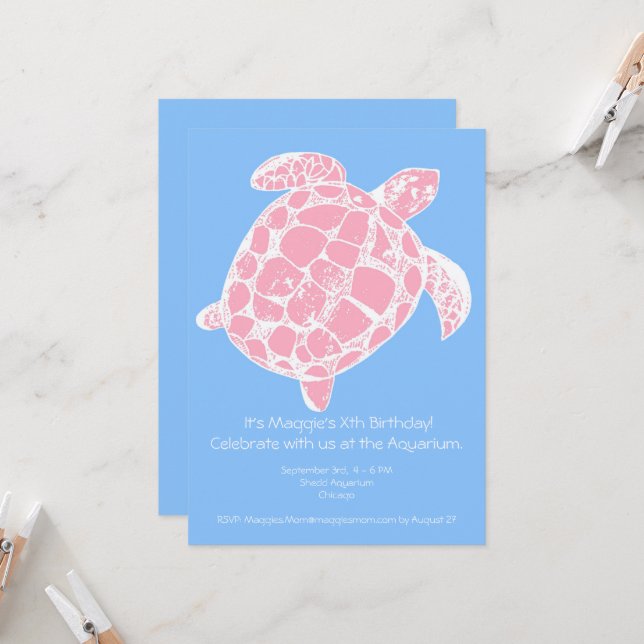 Pink and Blue Sea Turtle Birthday Party Invitation (Front/Back In Situ)