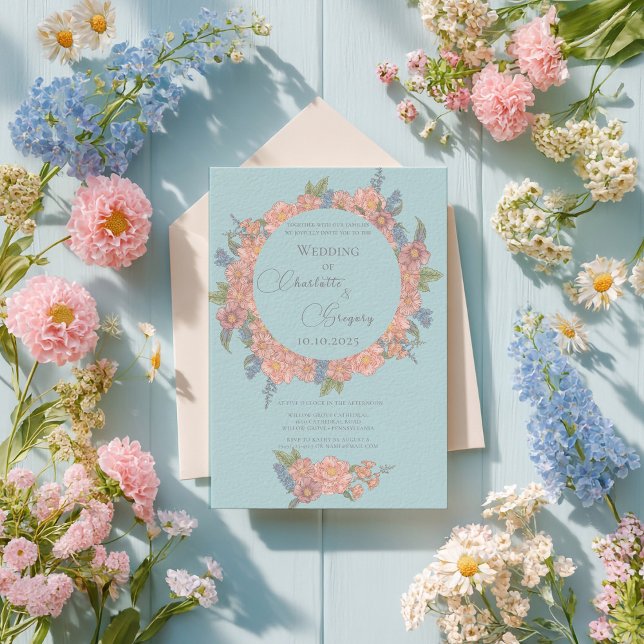 Pink and blue shabby chic florals wedding  invitation (Creator Uploaded)