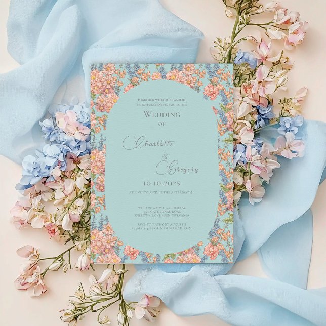 Pink and blue shabby chic florals wedding invitation (Creator Uploaded)