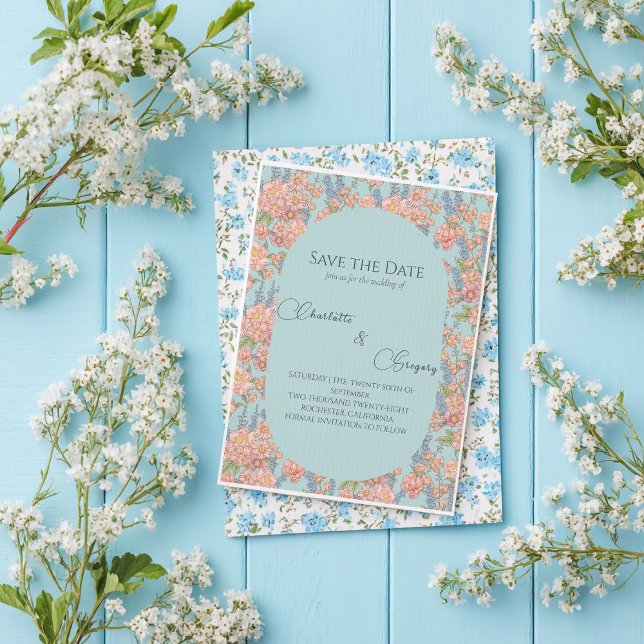 Pink and blue shabby chic Save the date Announcement Postcard (Creator Uploaded)