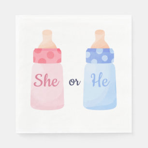 Pink and Blue “She or He?” Bottles Gender Reveal Napkin