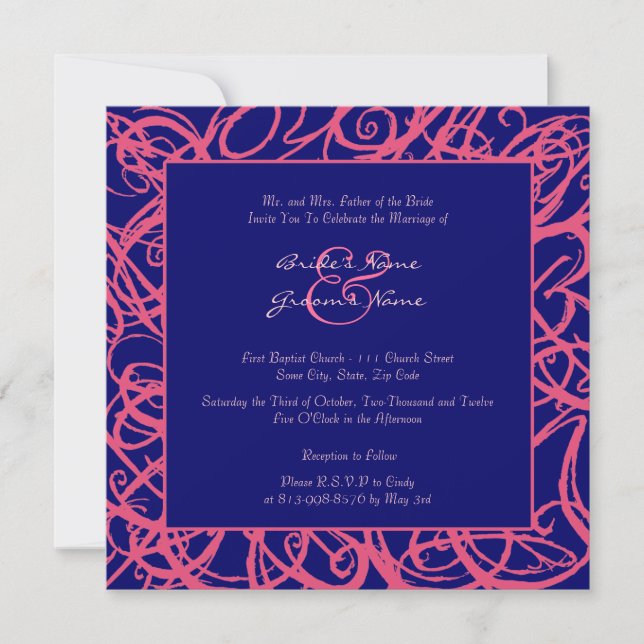Pink and Blue Sketchy Frame Wedding Invitation (Front)