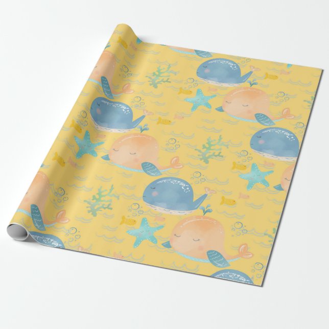 Pink And Blue Sleeping Whale Baby Shower Wrapping Paper (Unrolled)