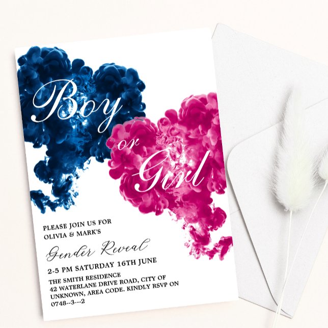 Pink and Blue Smoke Hearts Baby Gender Reveal Invitation (Creator Uploaded)