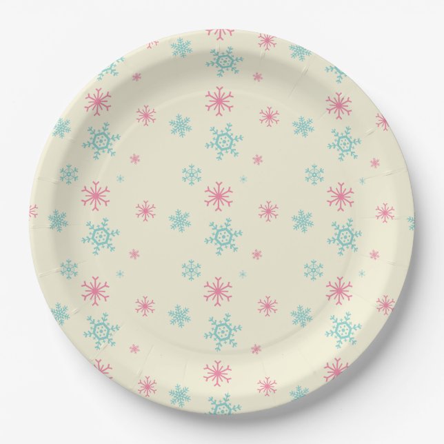 Pink And Blue Snowflake Pattern Christmas Wintery Paper Plate (Front)
