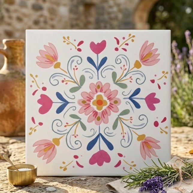 Pink and Blue Soft Botanical Folk Art Decorative Tile (Pink and Blue Soft Botanical Folk Art Decorative Ceramic Tile)