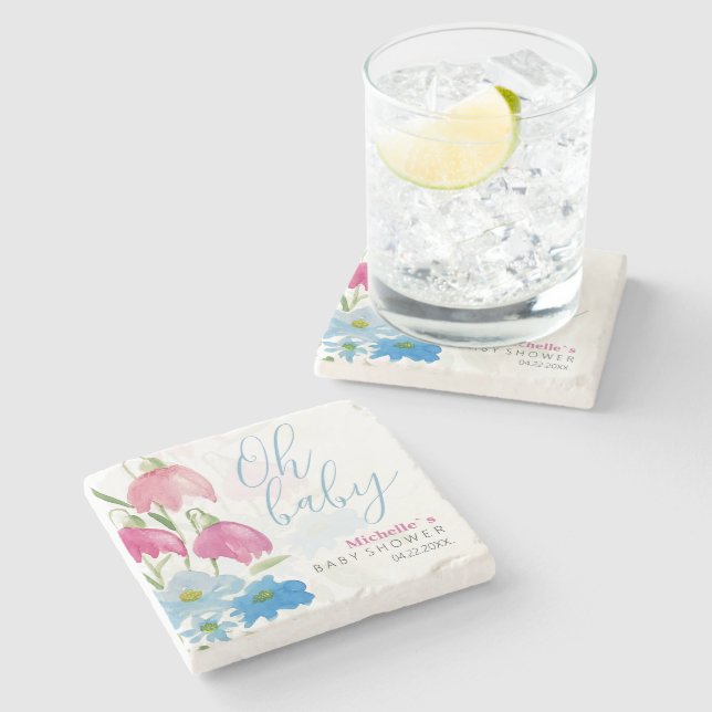 Pink And Blue Spring Watercolor Flowers Stone Coaster (Side)