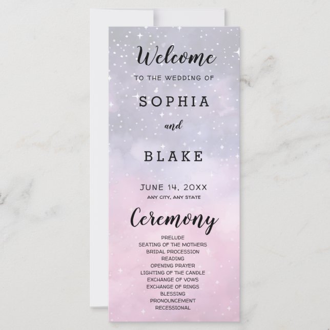 Pink and Blue Stars Celestial Wedding Program (Front)