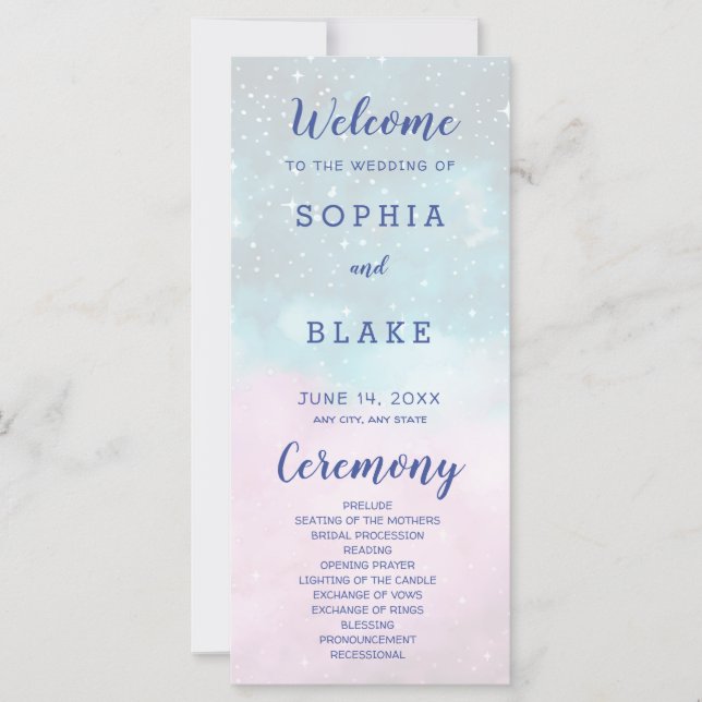 Pink and Blue Stars Celestial Wedding Program (Front)