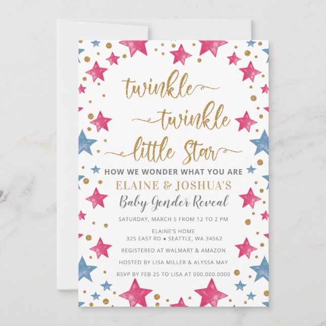 Pink and Blue Stars Gender Reveal Baby Shower  Invitation (Front)
