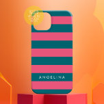 Pink and Blue Striped Pattern Custom Name iPhone 15 Case<br><div class="desc">Rugby Stripes - A preppy pattern with bold stripes and a first and last name. If your art still needs to be adjusted,  click on the Customise This button. This will take you to a design area where you can move things around and even change fonts!</div>