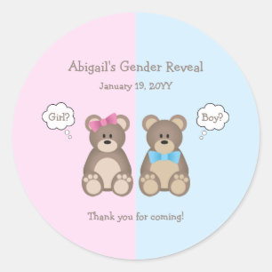 Pink and Blue Teddy Bear Gender Reveal Baby Shower Classic Round Sticker
