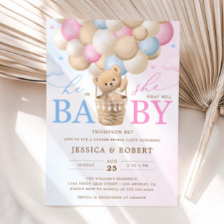 Pink and Blue Teddy Bear Gender Reveal Invitation