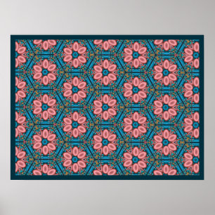 Pink and Blue Tiled Flowers Poster