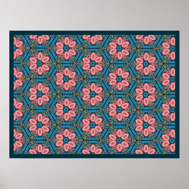 Pink and Blue Tiled Flowers Poster (Front)