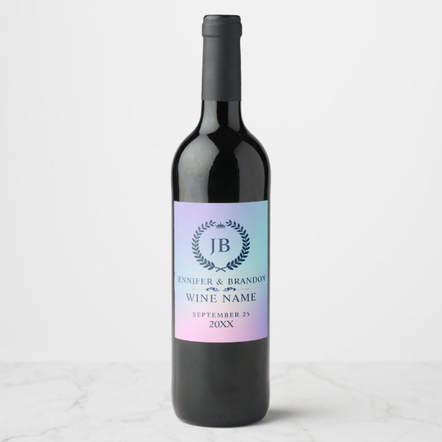 Pink and blue tranquil ombre blue laurel wreath wine label (Front)