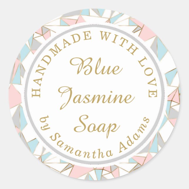 Pink and Blue Triangle Pattern Handmade With Love Classic Round Sticker (Front)