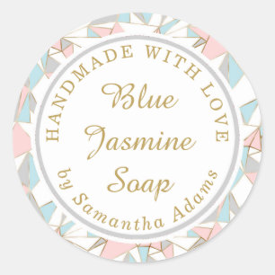 Pink and Blue Triangle Pattern Handmade With Love Classic Round Sticker