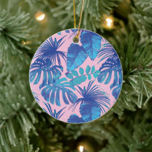 Pink and blue Tropical Foliage personalised Ceramic Tree Decoration