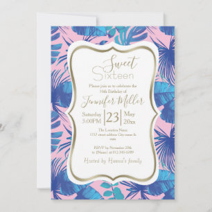 Pink and blue Tropical Foliage personalised        Invitation