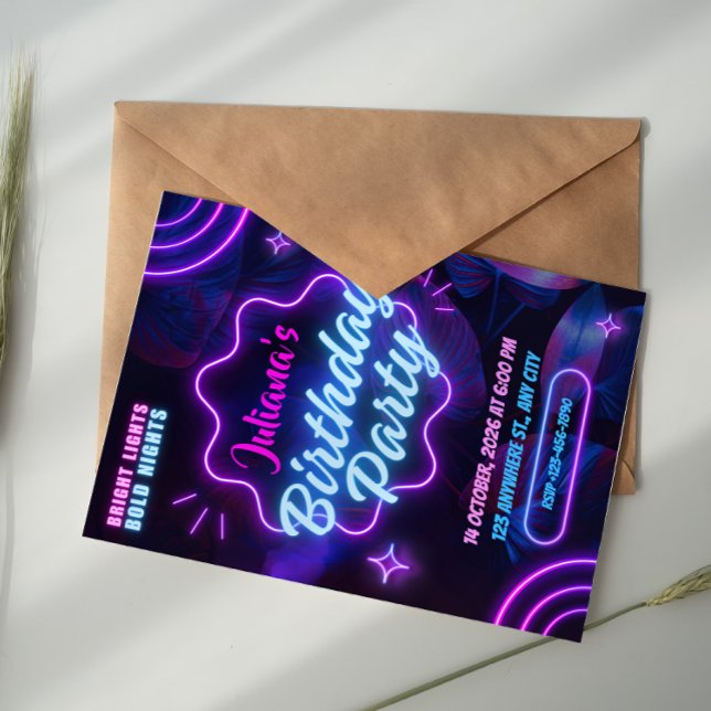 Pink and Blue Tropical Neon Birthday Party  Invitation (Creator Uploaded)
