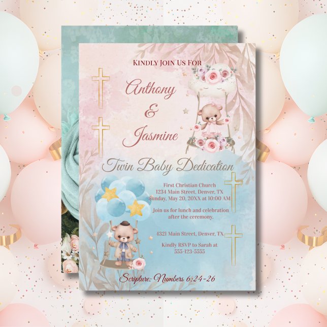 Pink and Blue Twin Teddy Bears on Swing with Photo Invitation (Creator Uploaded)