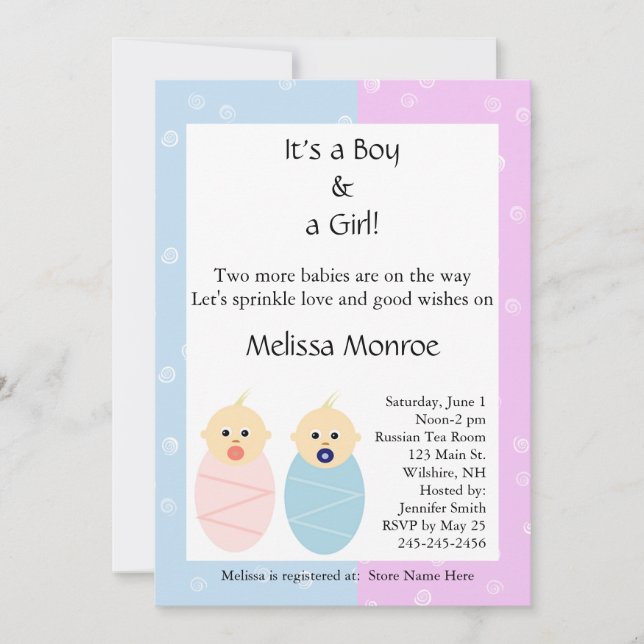 Pink and Blue Twins Sprinkle Shower Invitation (Front)