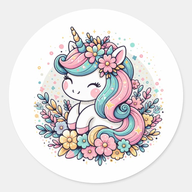 Pink and Blue Unicorn and Flowers   Classic Round Sticker (Front)