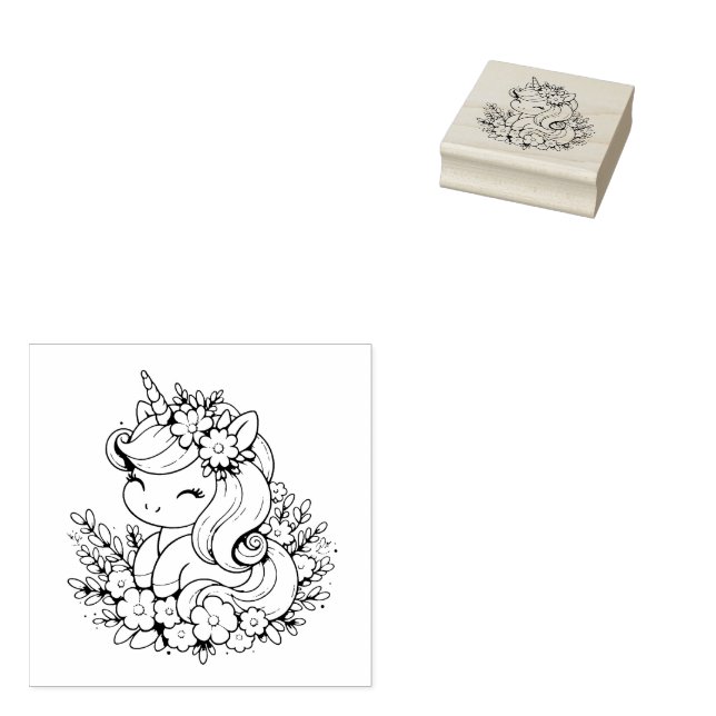 Pink and Blue Unicorn and Flowers Rubber Stamp (Stamped)