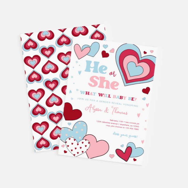 Pink and Blue Valentine's Day Hearts Gender Reveal Invitation (Creator Uploaded)