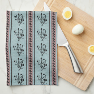 Pink And Blue Vintage Floral Stripe Pattern Tea Towel