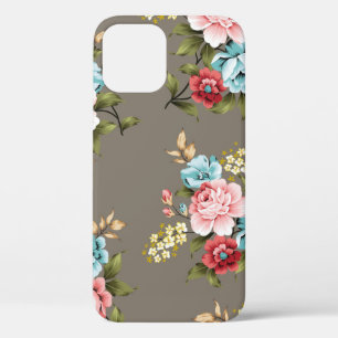 Pink and blue vintage flowers with green and cream iPhone 12 case