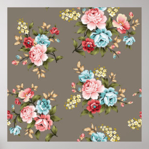 Pink and blue vintage flowers with green and cream poster