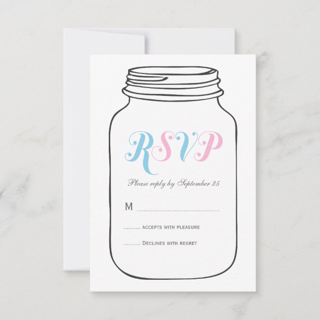 Pink and Blue Vintage Mason Jar Wedding RSVP (Front)