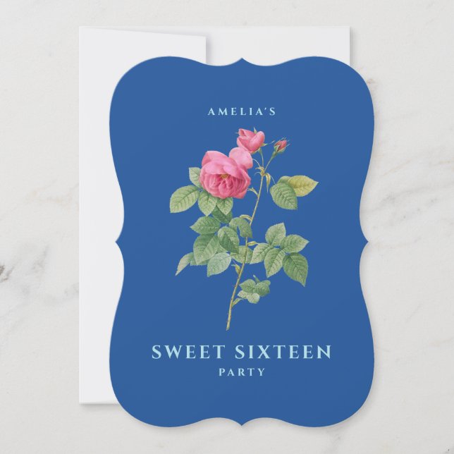 Pink and Blue Vintage Rose Sweet 16 Invitation (Front)