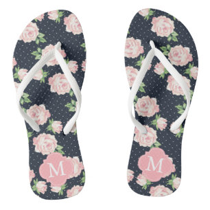 Pink and Blue Vintage Roses Monogrammed Flip Flops