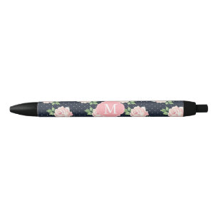 Pink and Blue Vintage Roses Pattern Monogrammed Black Ink Pen