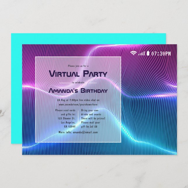 Pink and Blue Virtual Glow Birthday Party Invitation (Front/Back)