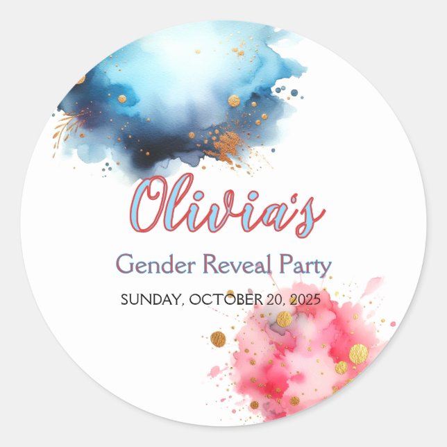 Pink and Blue Watercoloar Gender Reveal Classic Round Sticker (Front)