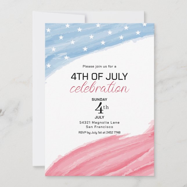 Pink and Blue Watercolor 4th Of July Invitations (Front)