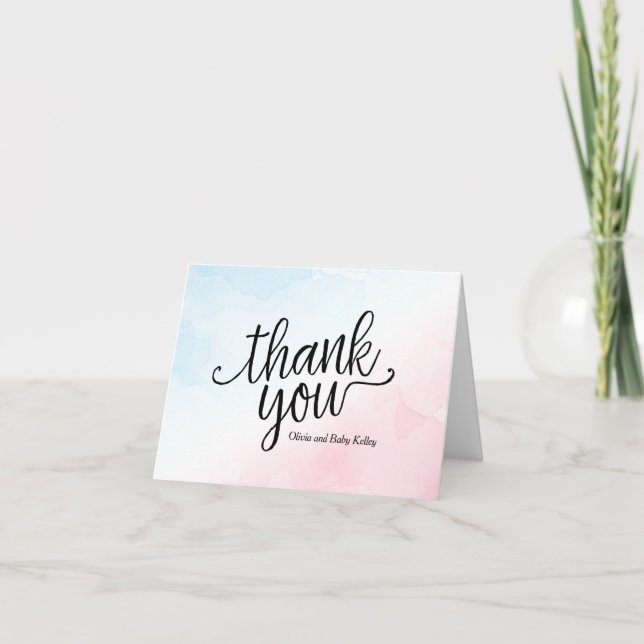 Pink and Blue Watercolor Baby Thank You Note (Front)