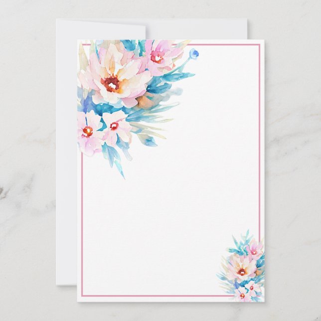 Pink and blue watercolor floral blank budget invitation (Front)