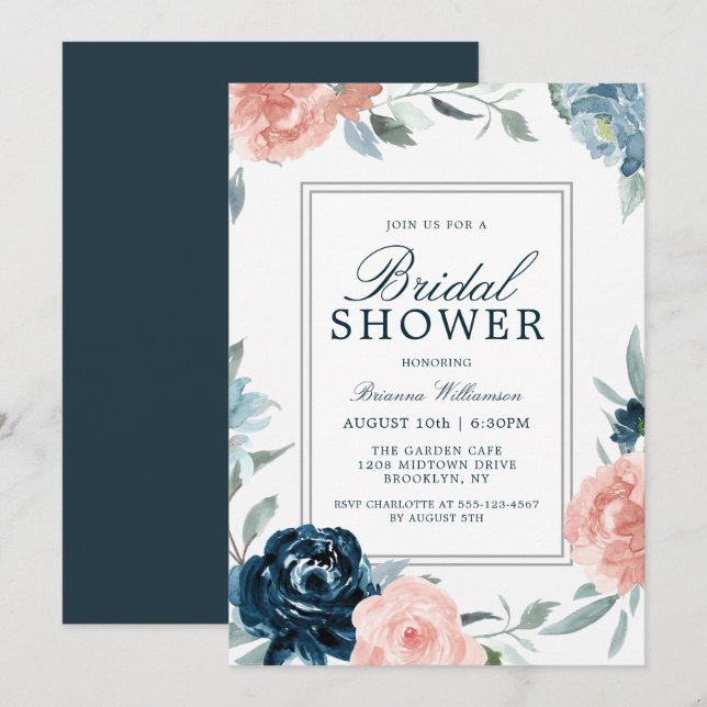 Pink and Blue Watercolor Floral Bridal Shower Invitation (Front/Back)