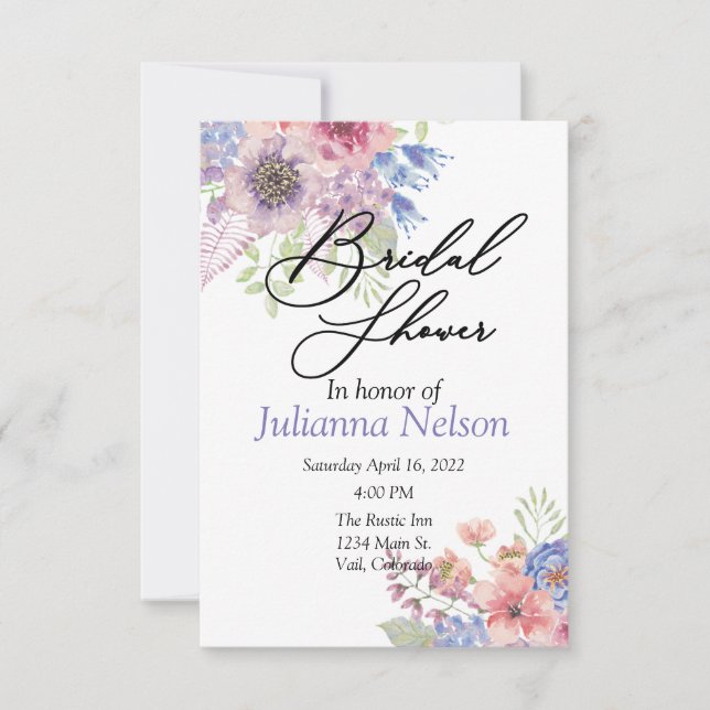 Pink and blue watercolor floral  invitation (Front)