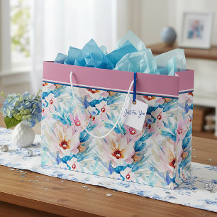 Pink and blue watercolor floral  large gift bag