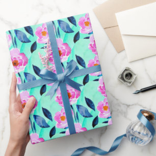 Pink and blue watercolor floral pattern wrapping paper
