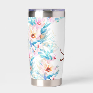 Pink and blue watercolor floral personalised insulated tumbler