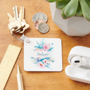 Pink and blue watercolor floral personalised key ring